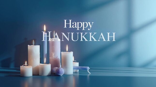 Happy Hanukkah greeting card with lit candles on a blue background
