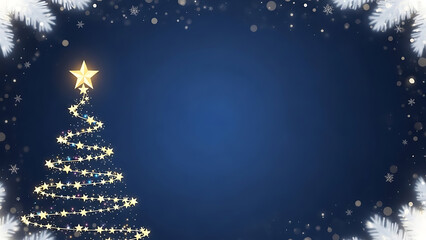 Glowing christmas tree with star and snowflakes on dark blue background
