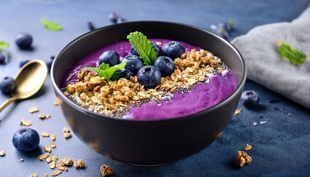a vibrant purple smoothie bowl topped with granola blueberries and mint