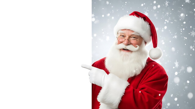 Smiling santa claus peeking from behind a white board with snowflakes