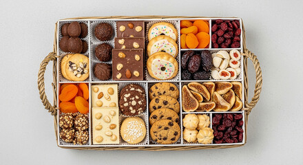 Top View of Gourmet Gift Basket with Chocolates, Cookies, and Dried Fruits – Bright, Clean, Neutral Surface