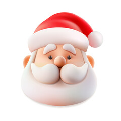 3D Santa Claus head, smiling face and red Christmas hat. Realistic vector character, white beard and jolly expression. Isolated winter holiday sticker, invitation decor. Cartoon toy, new year greeting