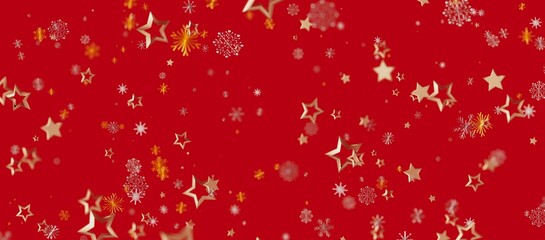 Christmas holiday background featuring golden stars and snowflakes on a vibrant red backdrop, perfect for festive design