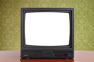 Old TV with white screen on a stand, vintage design in the style of the 80s and 90s.