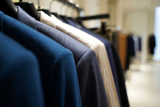Men’s Suit Rack in Luxury Boutique Clothing Store Interior