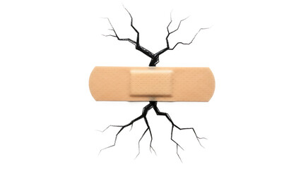 Cracked earth mended by a bandage with growing branches