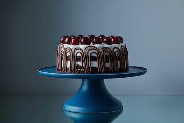 Delicious Black Forest Cake Displayed on Blue Stand with Grey Backdrop