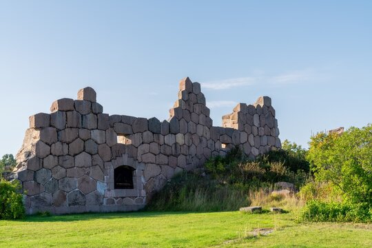view of the ruins of the Bomarsund Fortress under a blue sky in the Aland Islands of Finland