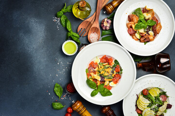 view from above of salads and food on plates. Healthy meal. Top view.