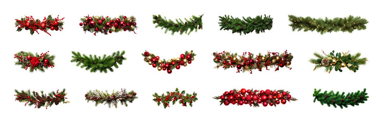 Fototapeta premium PNG Festive garlands with red berries, element set on transparent background