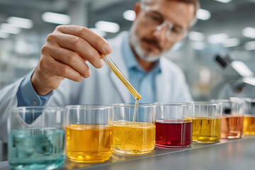 Scientist working laboratory conducting experiment during research. Chemistry professional focusing intensely, carefully mixing liquid sample