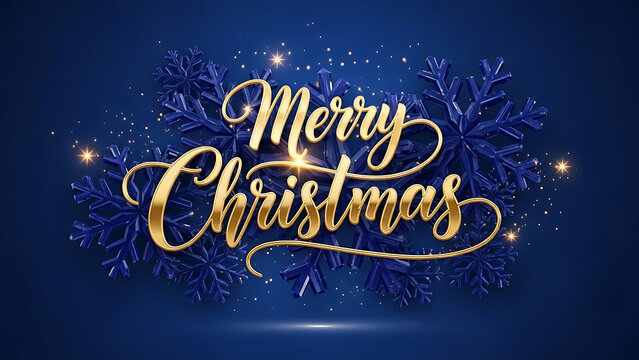 Elegant gold merry christmas text with blue snowflake background and sparkles