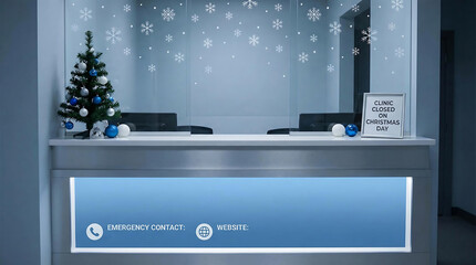 Christmas tree and snowflakes decorate clinic reception desk, christmas, holiday, clinic, reception, desk, tree, decorations, snowflakes, winter, closed, sign, announcement, emergency contact, website