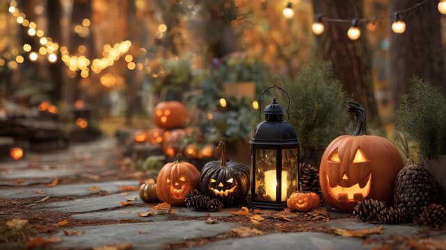 autumn outdoor still life of assorted pumpkins, including carved jack-o lanterns glowing warmly, arranged with pinecones and acorns on a weathered stone pathway strewn