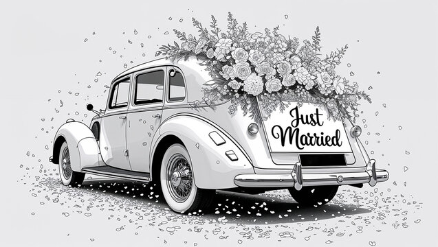 Naklejki Wedding Car in line art style