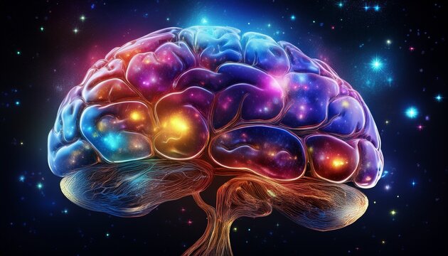 translucent brain infused with cosmic nebulae