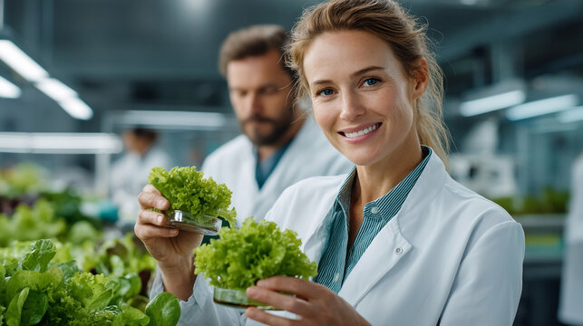 Scientist woman smiling holding hydroponic lettuce in laboratory research setting. Agriculture and future food quality study successful - Powered by Adobe