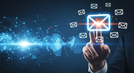 Hand interacting with glowing email icons and digital network on a dark blue background