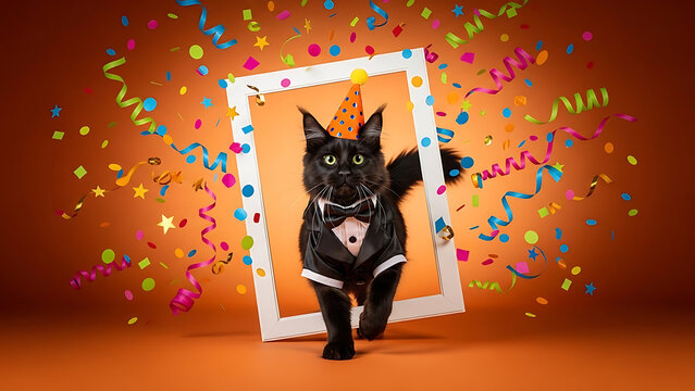 Black cat wearing party hat and bow tie celebrates with confetti
