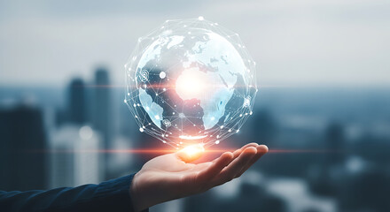 Hand holding digital globe with network connections and city skyline in the background image