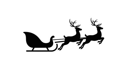 Fototapeta premium A black silhouette of two reindeer pulling Santa's sleigh against a plain white background.