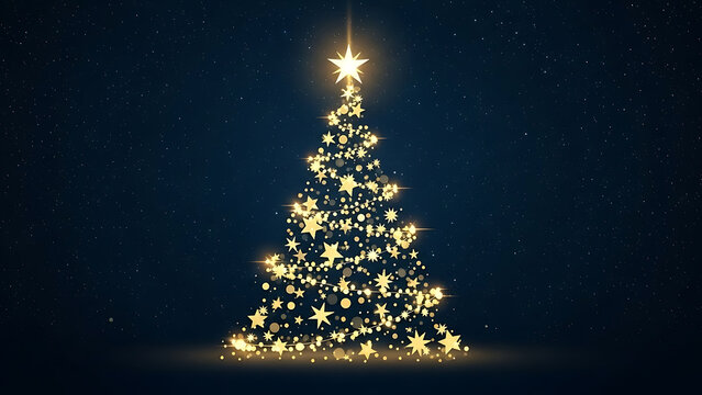 Glowing christmas tree with star topper and sparkles on dark background - Powered by Adobe