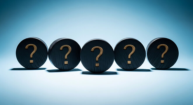 Five dark circular objects with golden question marks arranged in a row on a light blue surface