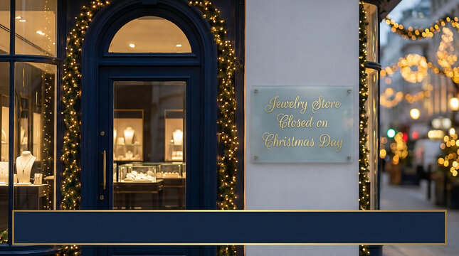 Jewelry store closed for Christmas Day with festive lights, jewelry store, closed, christmas, holiday, festive, lights, storefront, display, window, sign, announcement, christmas day, winter, celebrat