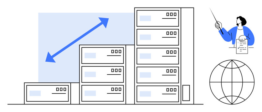 Stacked database servers grow in scale alongside a professional making a presentation with statistics includes a global network sphere. Ideal for technology, business, networking, analysis, scaling