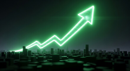 A glowing green arrow pointing upwards over a dark cityscape with a dark green background