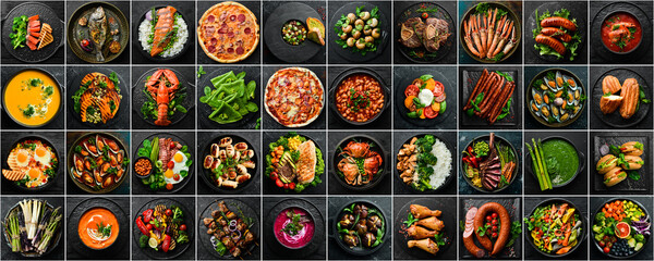 Photo collage of food on plates. Banner with a lot of images of dishes and snacks. On a black...