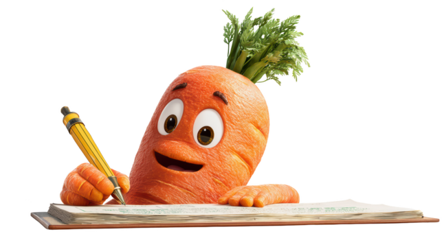 Cute Cartoon Carrot Character Writing in a Notebook