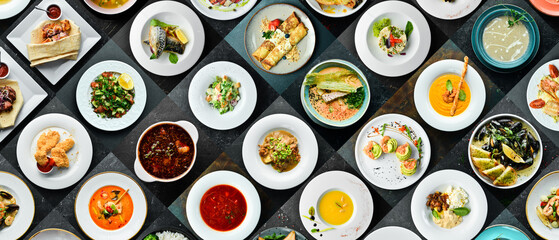 various different types of restaurant menu dishes in plates. Photo collage of food. Top view on...