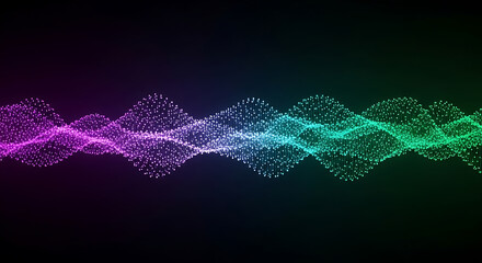 Abstract flowing wave pattern formed by connected dots with a gradient from purple to green on black