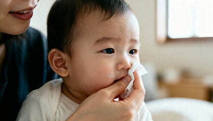 Mom wiping babys face with tissue in soft daylight, caring mood, lifestyle photography