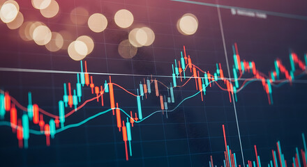 A close up of a stock market chart with red and green lines and bokeh lights in the background