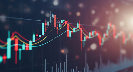Close up of colorful stock market chart with candlesticks and trend lines on a dark background