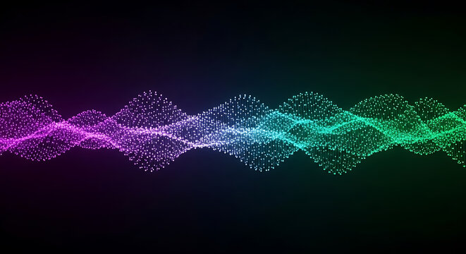 Abstract flowing wave pattern formed by connected dots with a gradient from purple to green on black - Powered by Adobe