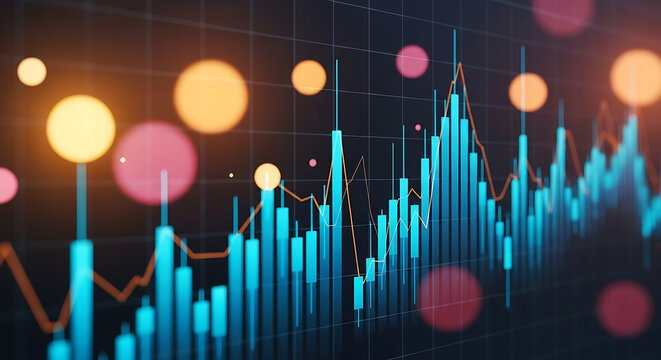 Abstract financial chart with blue bars and orange lines against a dark grid background with bokeh