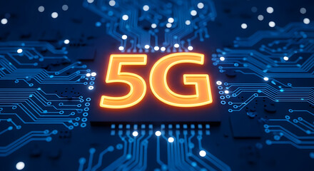 Illuminated five g symbol on a dark blue circuit board with glowing white dots in the background