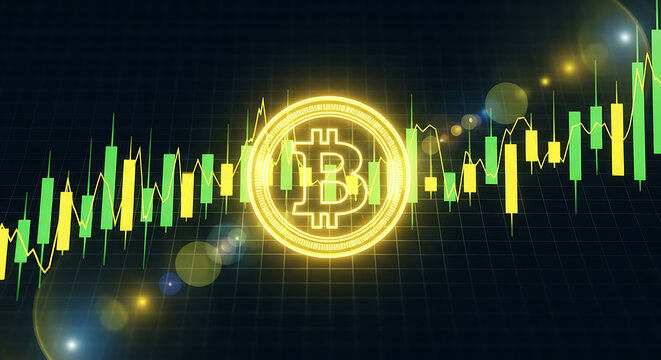 Glowing bitcoin symbol overlayed on a green and yellow line graph against a dark background