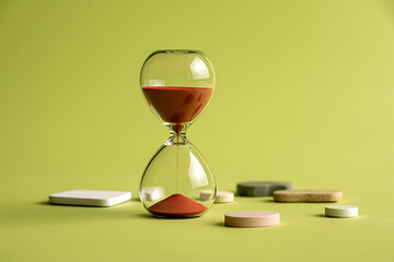 Transparent Hourglass with Red Sand and Mixed Tablets on Yellow Background