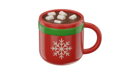 Festive red ceramic mug filled with rich hot chocolate and fluffy marshmallows decorated with a green band and a snowflake design isolated on transparent background