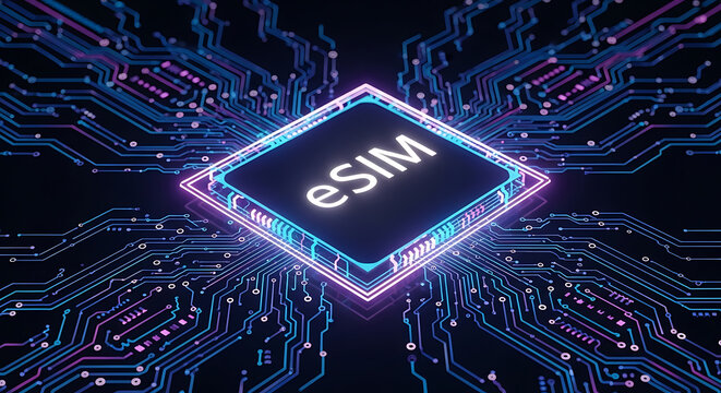 Close up of esim chip on a circuit board with glowing blue and purple lights and intricate pathways