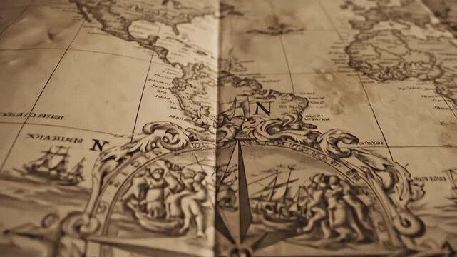 Antique world map unfolds on a vintage library table, inviting exploration and discovery
