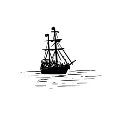 A silhouette of a pirate ship sailing on water in the distance.