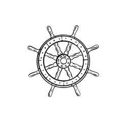 A ships wheel hand drawn in black line. Boat sheering 