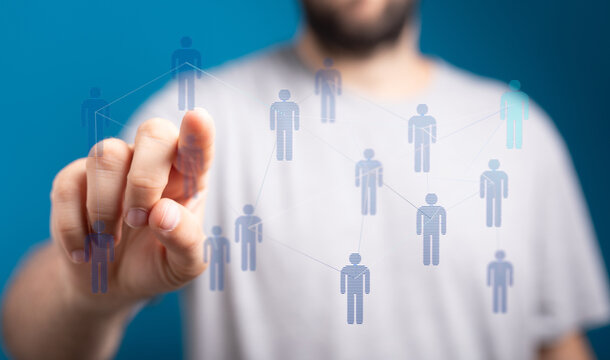 Person connecting with digital network, global connections. Human interaction, data sharing, networking, future