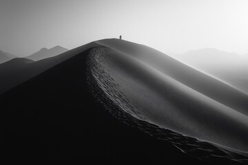 Silhouette of a lone person atop a majestic sand dune, with dramatic light and shadow play across the desert landscape