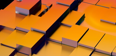 Abstract 3D rendered image featuring geometric cubes in an orange and gold gradient, great for...